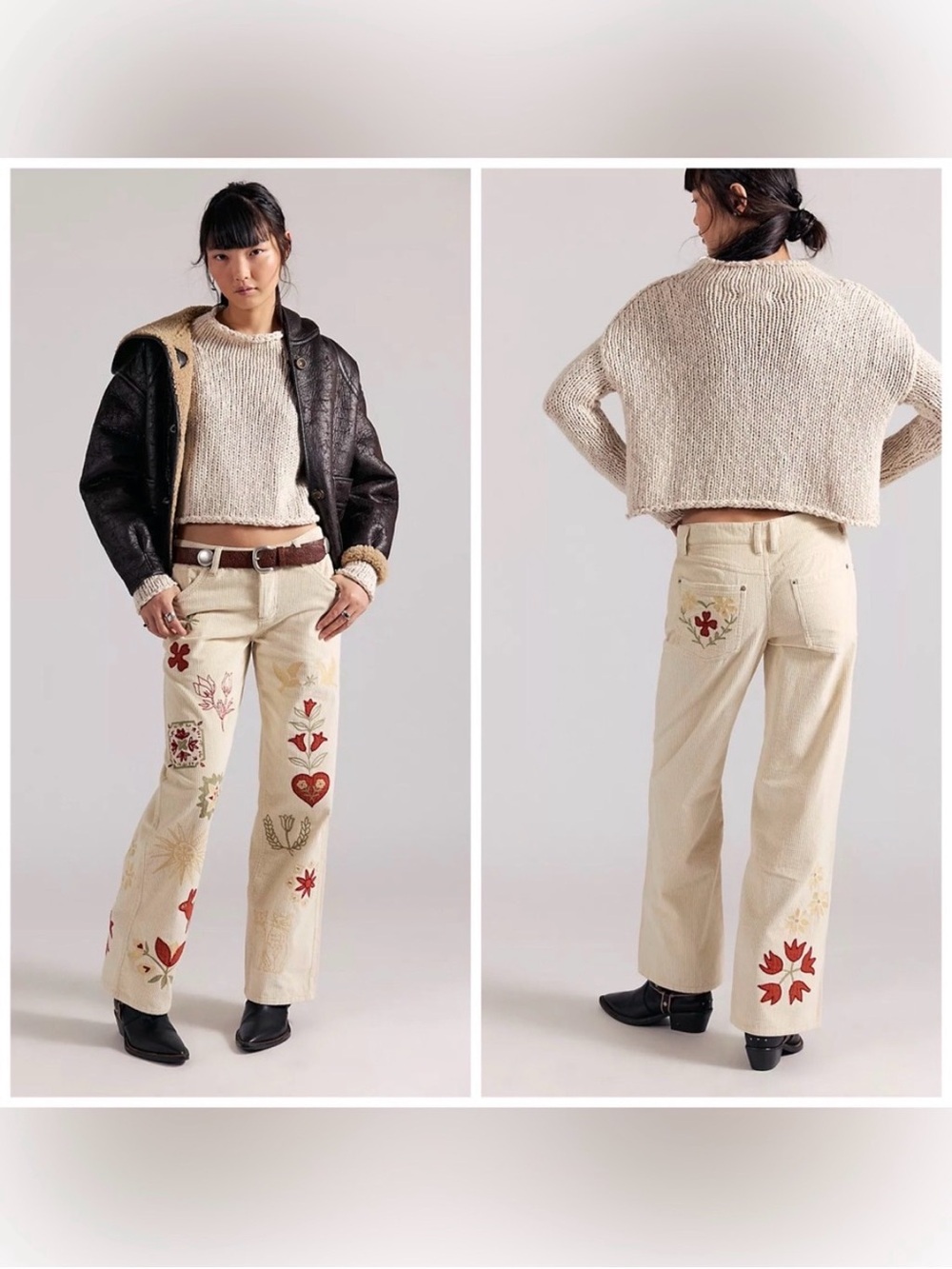 Free People Tennessee Low Rise Boyfriend Corduroy Embroidered Size 26 Ivory